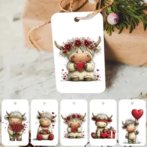50pcs Cute Whimsical Highland Cow Gift Tags with Hemp Rope - Romantic Heart & Floral Valentine's Day Hanging Labels for Gift Wrapping, Gift Decoration, Perfect for Wedding, Anniversary, Birthday & Party Decor