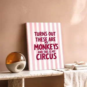 Humorous Wall Art, These Are My Monkeys This Is My Circus Poster, Playful Whimsical Printing, Pink White Red Canvas Decoration, Living Room & Kitchen Aesthetic, Perfect Housewarming Gift, Framed.