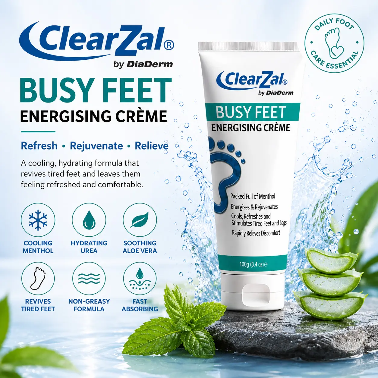 ClearZal Busy Feet Cooling Cream | 7% Urea & Menthol Soothing Lotion for Long Standing Workers & Athletes, Relaxes Heavy Tired Legs & Feet (3.4oz)
