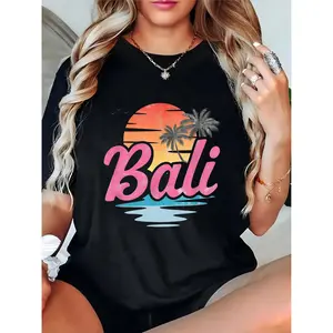 Women's Bali Sunset Palm Tree Ocean Graphic T-Shirt, Summer Beach Vacation Casual Crew Neck Top, Black 100% Cotton T-shirt