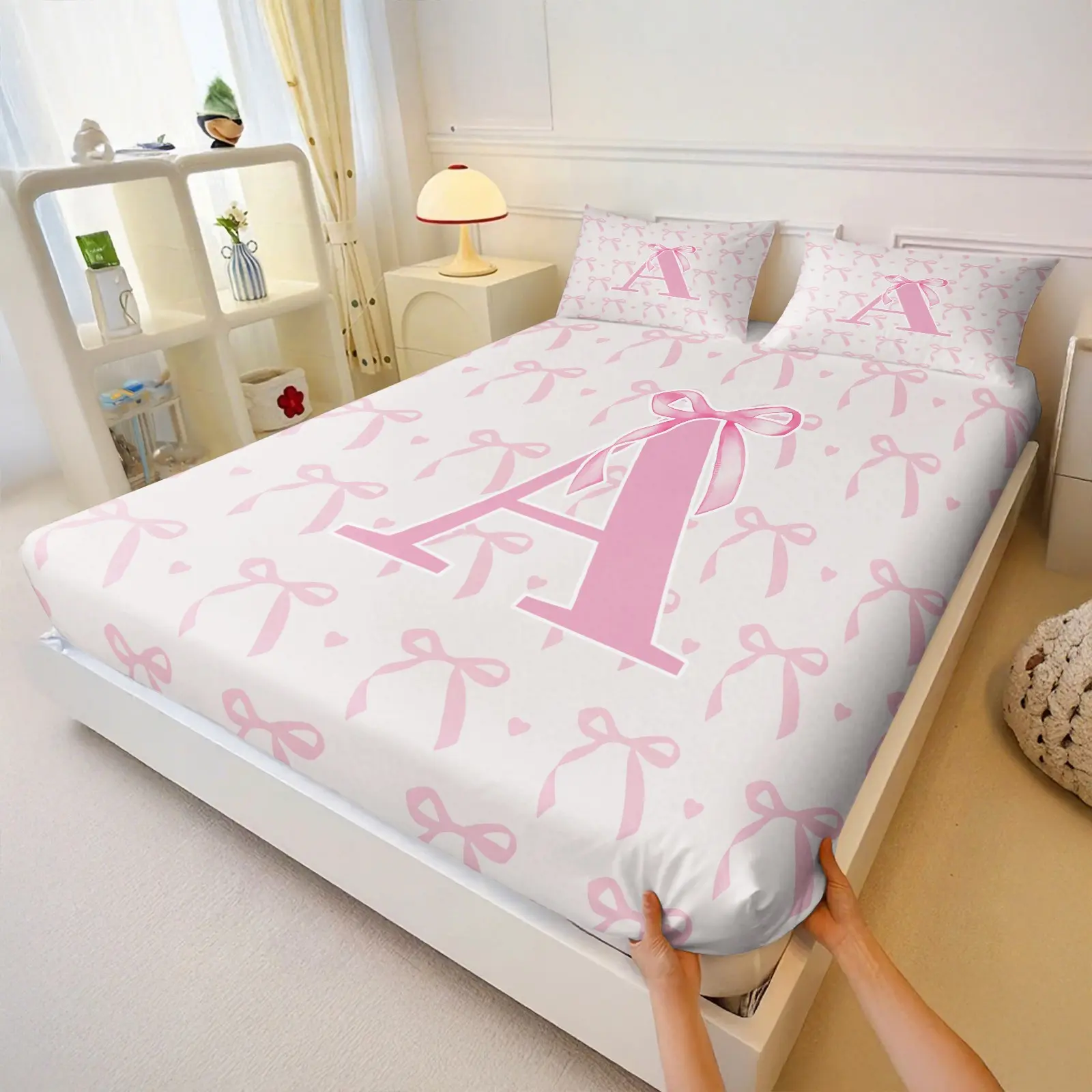 3Pcs Pink Bow & Monogram 'A-Z' Print Fitted Sheet Set, Bedsheet Sets, Ultra-Soft Microfiber Bed Sheet Set, Dreamy Coquette Aesthetic Bedding Set for Bedroom & Dorm, Deep Pocket Bed Cover, Perfect Gift for Creating a Girly & Romantic Bedroom Vibe