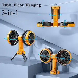 XTAUTO Outdoor Camping Fan with LED Light, 8000mAh Rechargeable Battery Powered Tent Fan, 270° Oscillating 360° Rotation Portable Camping Fan for Canopy Travel Fishing Home, Yellow Battery Operated Outdoor Fan