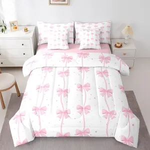 Pink Bow 7 Piece Bedding Set Pretty Bowknot Comforter Set with Sheets for Kids Boys Girls Pink White Bed in a Bag Cute Wave Dot Bed Set Soft Lightweight