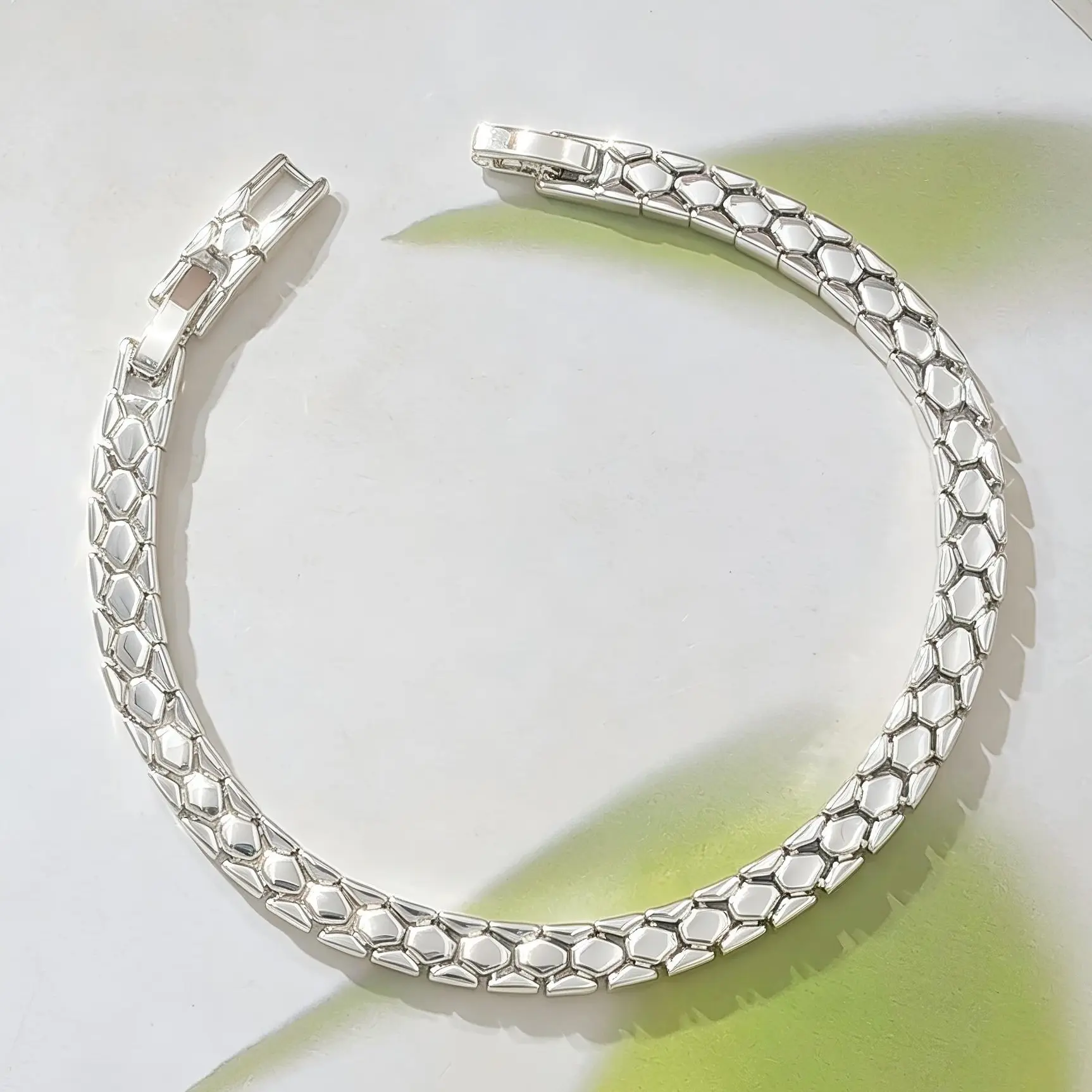 Women's Silver-Plated Flat Hexagon Links Bracelet - Dainty Plain Polished Wrist Chain, Tarnish-Proof Minimalist Stackable Everyday Wear Jewelry Gift