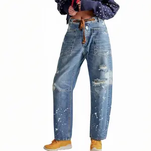 LifeShe Women's Baggy Barrel Jeans Casual Boyfriend Mid Rise Drawstring Wide Leg Denim Pant