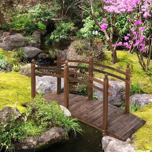 7.5 Foot Solid Fir Wood Garden Bridge with Arc Design & Safety Railings - Carbonized Finish Outdoor Walkway for Backyard Streams, Koi Ponds, Zen Gardens & Landscaping Pathways