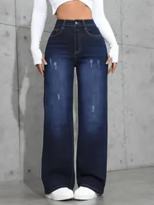 Women's versatile mid waist denim stretch wide leg jeans,simple style multi-pocket denim trousers for women,YL02classic women's pants, daily urban fashion wear