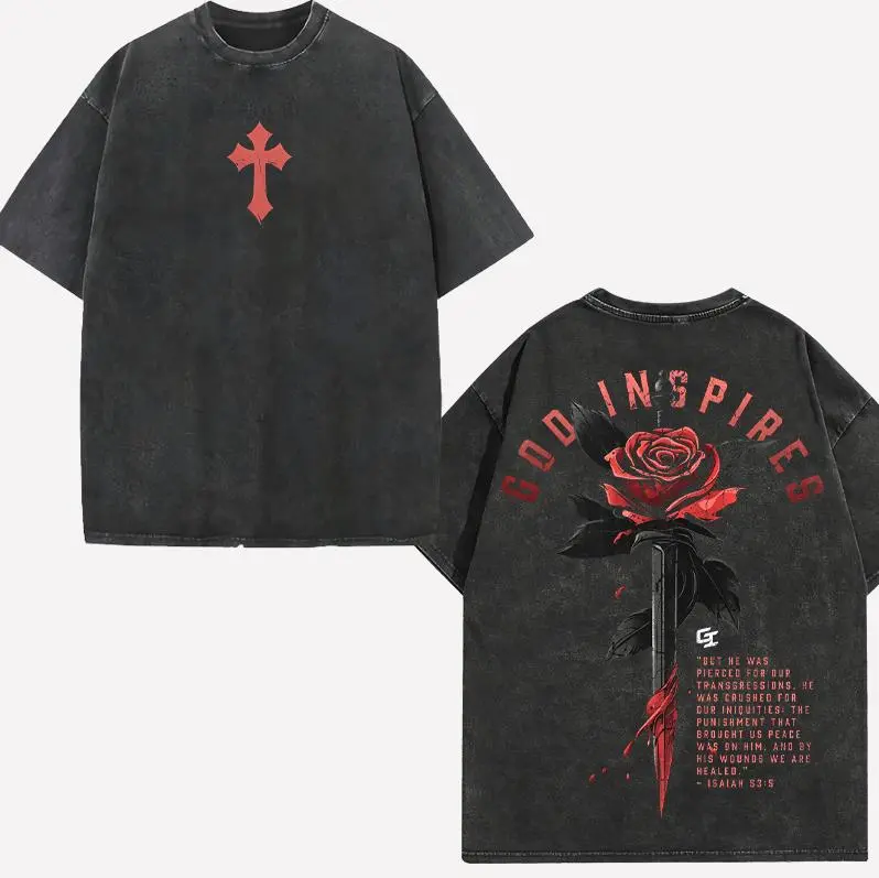 Men's Vintage Washed Christian Activewear - God-Inspired Rose Sword Hoodie & Short Sleeve Sportswear, Oversized Menswear Casual Pump Cover Tee, Isaiah 53:5 Bible Verse Distressed Gym Workout Training Top, Shortsleeve, Fashion Apparel, Mens Gifts, T Shirt