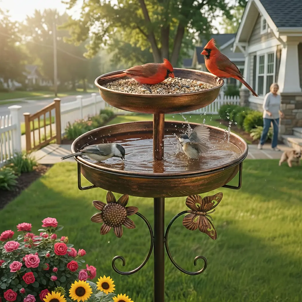 Vintage Iron Outdoor Bird Bath with Dual Metal Bowls, Bronze 5-Prong Base, Butterfly Accent - 45-in Tall, Top Bowl for Water, Attracts More Birds, Vintage Garden Decor