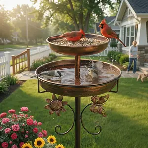 Outdoor Bird Bath, 42 Inches Tall Vintage Freestanding Design, Features Double Metal Bowls for Feeding Birds, Perfect for Garden, Patio, Or Yard Decoration, Enhanced with a 5-Pronged Base in Bronze End
