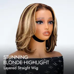 [New In] Wiggins Hair Blonde Highlight Layered Straight Bob Wig Ready To Go 7*4 Lace Closure Wigs Human Hair Short Bob Glueless Wig Beginner Friendly