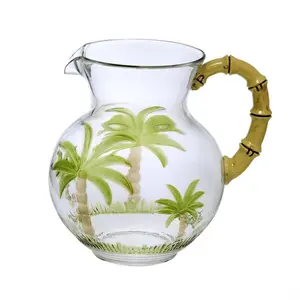 212 MAIN Palm Tree 3 qt. Kitchen Pitcher with Bamboo Handle, Colorful Indoor-Outdoor Jug Set