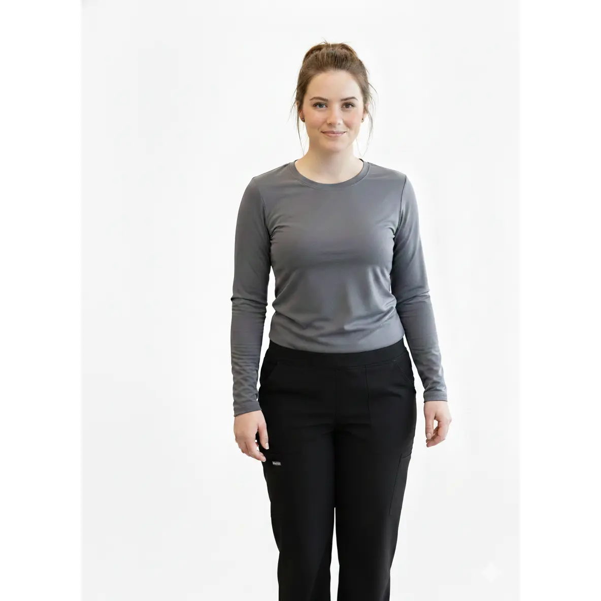 Women's Grey Long Sleeve Underscrub (High Performance), Fabric, Uv Protection, Hospital, Crew Neck, Polyester, Underlayer