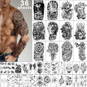 36 Sheets Temporary Tattoos Stickers, 12 Sheets Fake Body Arm Chest Shoulder Tattoos for Men or Women with 24 Sheets Tiny Black Waterproof Long-Lasting