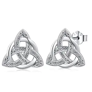 DRINSPER 925 Sterling Silver Celtic Knot Stud Earrings for Women Men for Pagan, Trinity Knot Earrings, Triangle Design