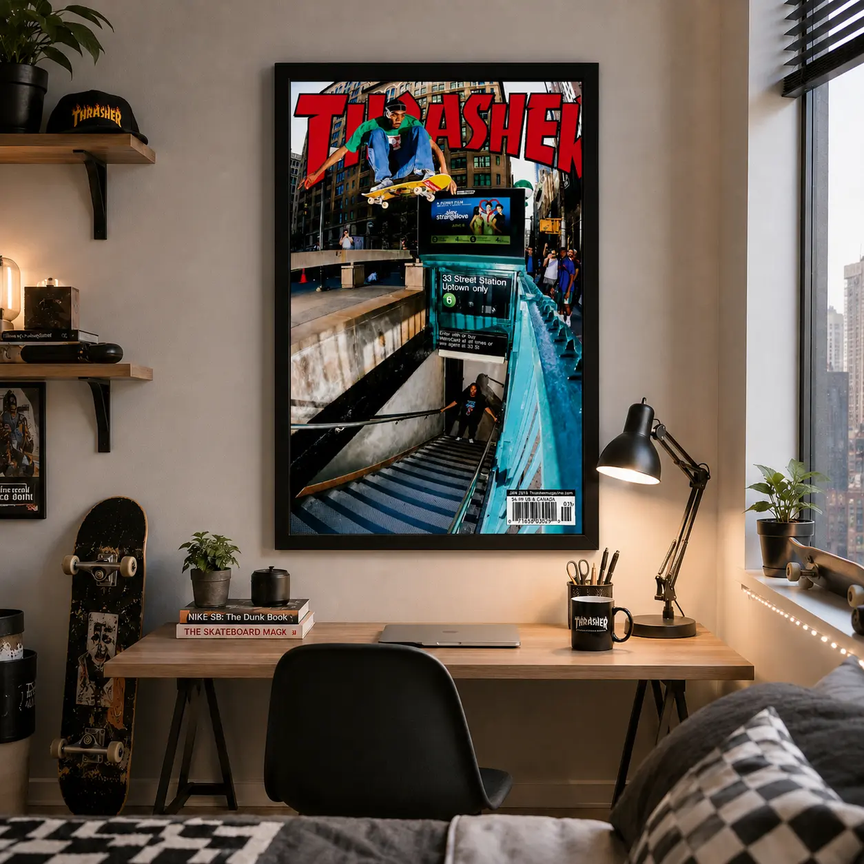 Thrasher Magazine Inspired Skater Canvas Wall Art, 12x18 Inch Vintage Skateboard Poster Print, Streetwear Grunge Aesthetic Decor for Bedroom Dorm Living Room Bathroom Kitchen Studio or Man Cave, Urban Illustration Artwork, Gift for Skate Fans