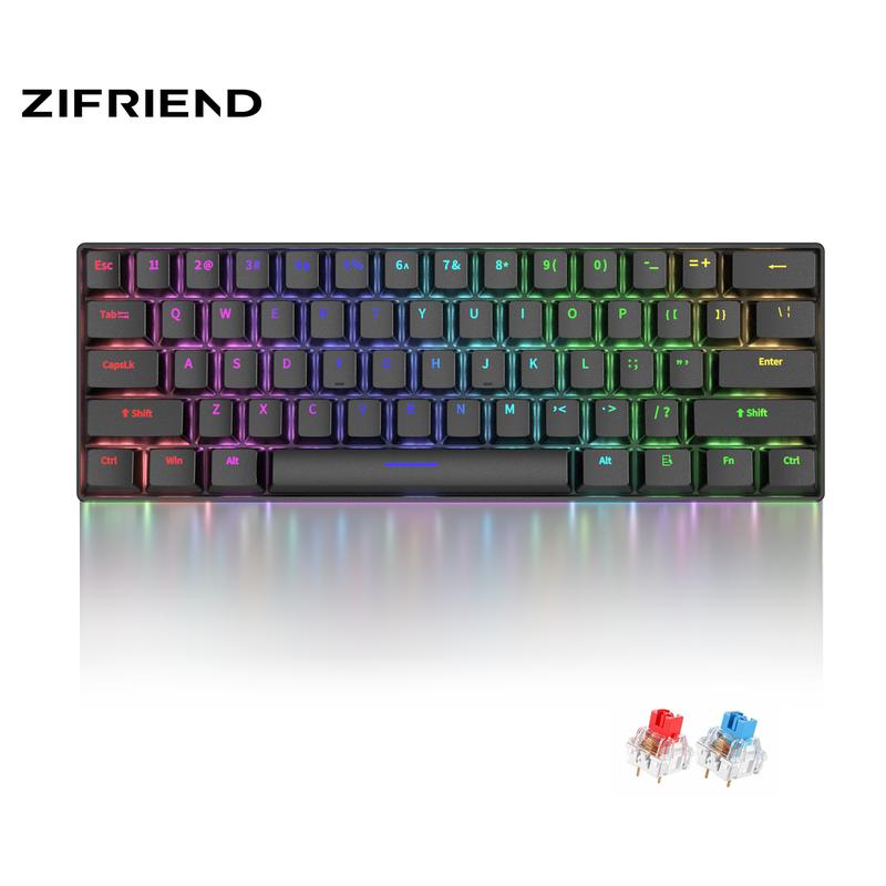 ZIFRIEND H61K Portable 60% Mechanical Gaming Keyboard, Mixed Lighting Compact 61 Keys Wired Office Keyboard with Mechanical Switch for Windows Laptop PC Mac,Hot Swappable,Blue / Red Switch