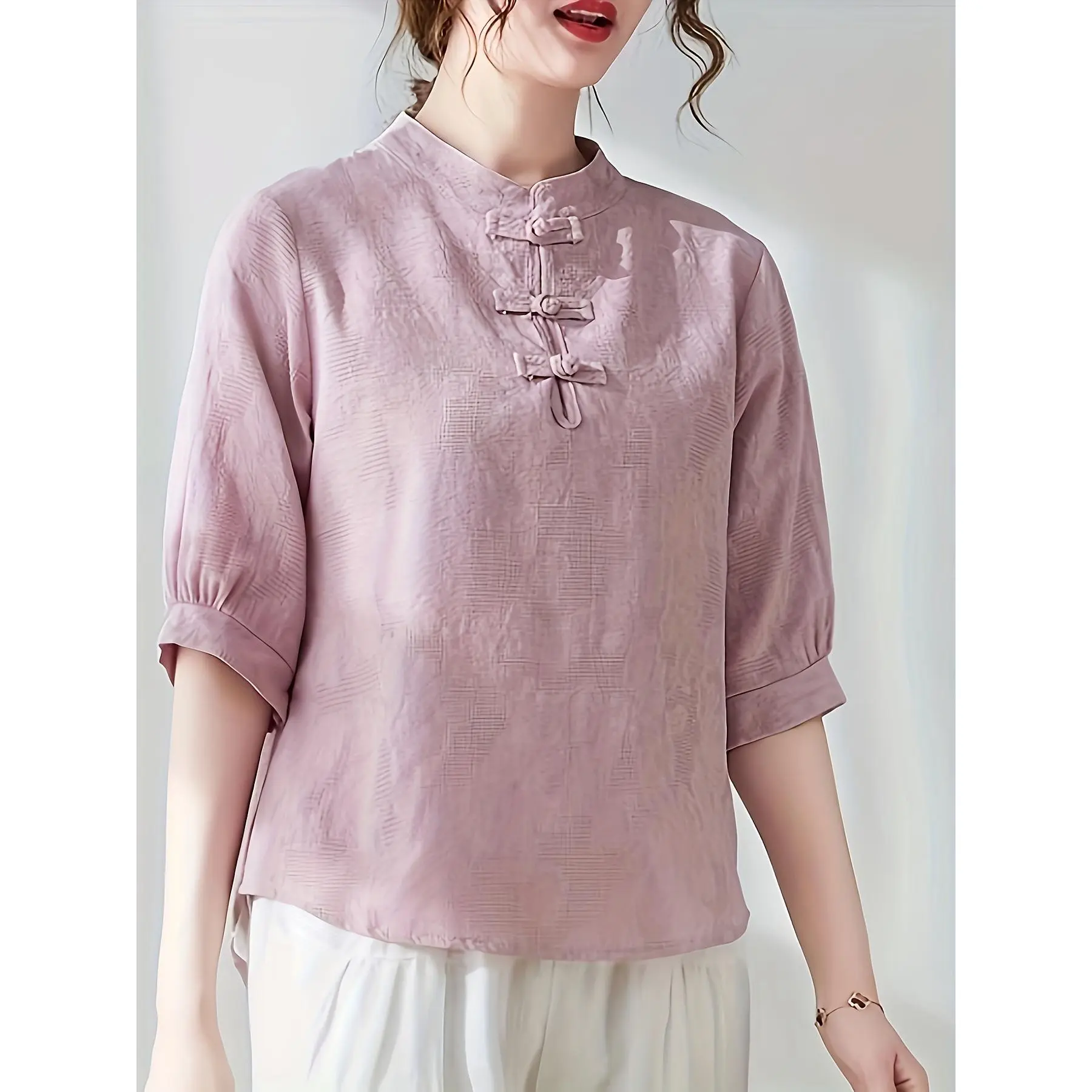 Elegant Traditional Chinese-Inspired Women's Blouse with Stand Collar and Jacquard Detail - Polyester, Machine Washable, Plus Size Elegant Blouse