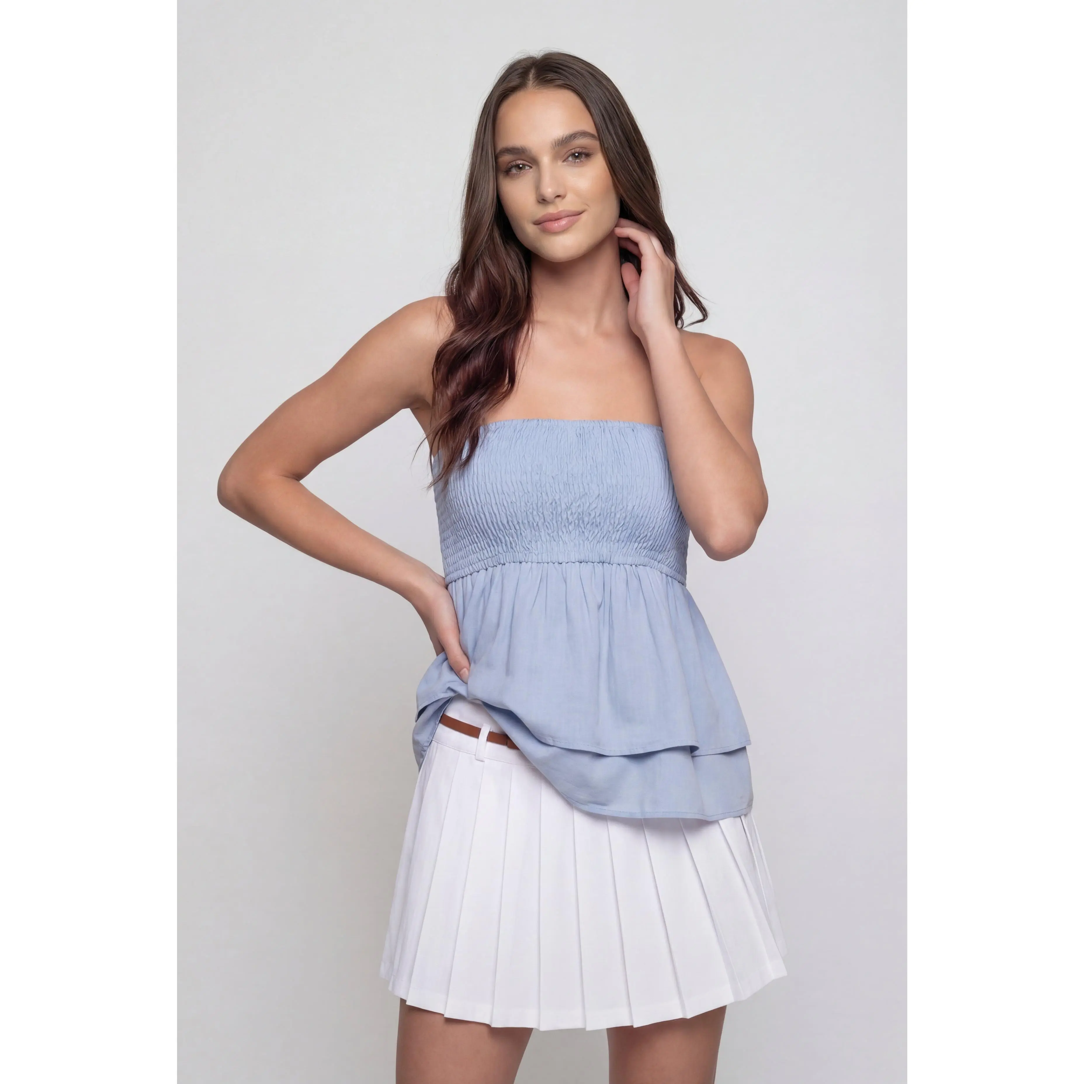Chambray Tiered Strapless Peplum Top
