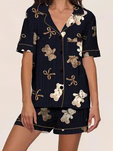 Women's Spring Summer Sleepwear Set, Open Front Lapel Short Sleeve Shorts Two-Piece Home Wear, Striped Teddy Bear Bow Tie