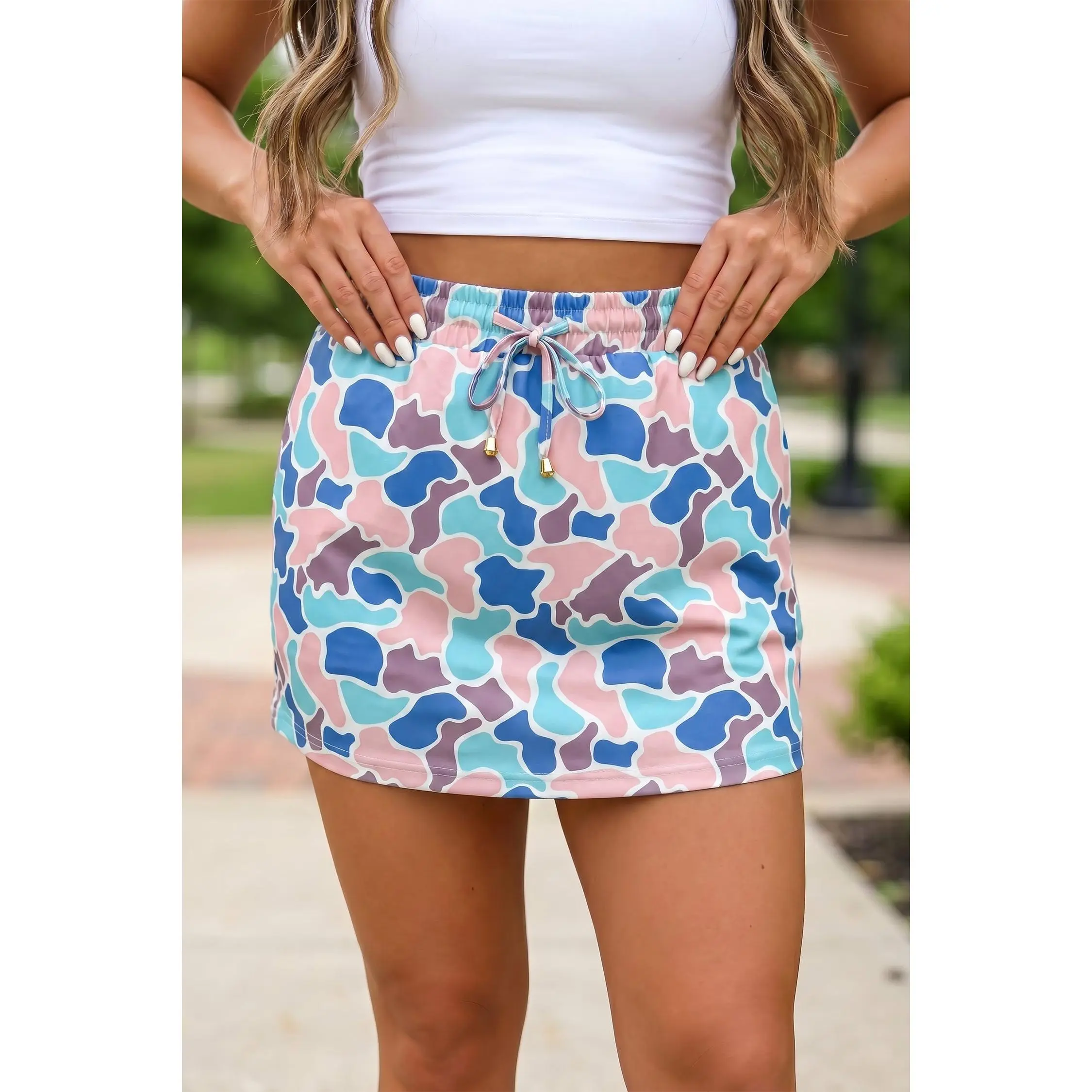 Sky Blue Abstract Camo Elastic Waist Drawstring Mini Skort