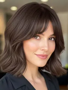 Fashionable New Short Curly Shoulder Length Dark Brown Wigs with Bangs, Synthetic Hair Wig, Synthetic Women's Wigs for Ordinary Work, Life, Dance Parties and All Occasions