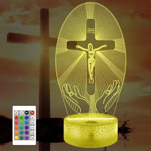 Cross 3D Night Light, Christian Illusion Optical Hologram Lamp with 16 Color Changing Remote Control, LED Desk Catholic Decor Birthday Religious Mothers Day  for Women Mom