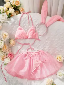 Rabbit Sexy and Cute Style Bra, Big Bow Decoration, Bell Collar, Halter, Translucent Soft Sand Skirt, Cosplay Beast Ear Suit, Lingerie, Lingerie Top