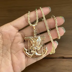 14K Gold Plated Fashion Hip Hop Sailor Anchor Eagle 1.77" Pendant Size - Luxury Pendant with Rope Torch Chain 18"-24" 2.5mm-6mm- Unisex Jewelry Brass Material