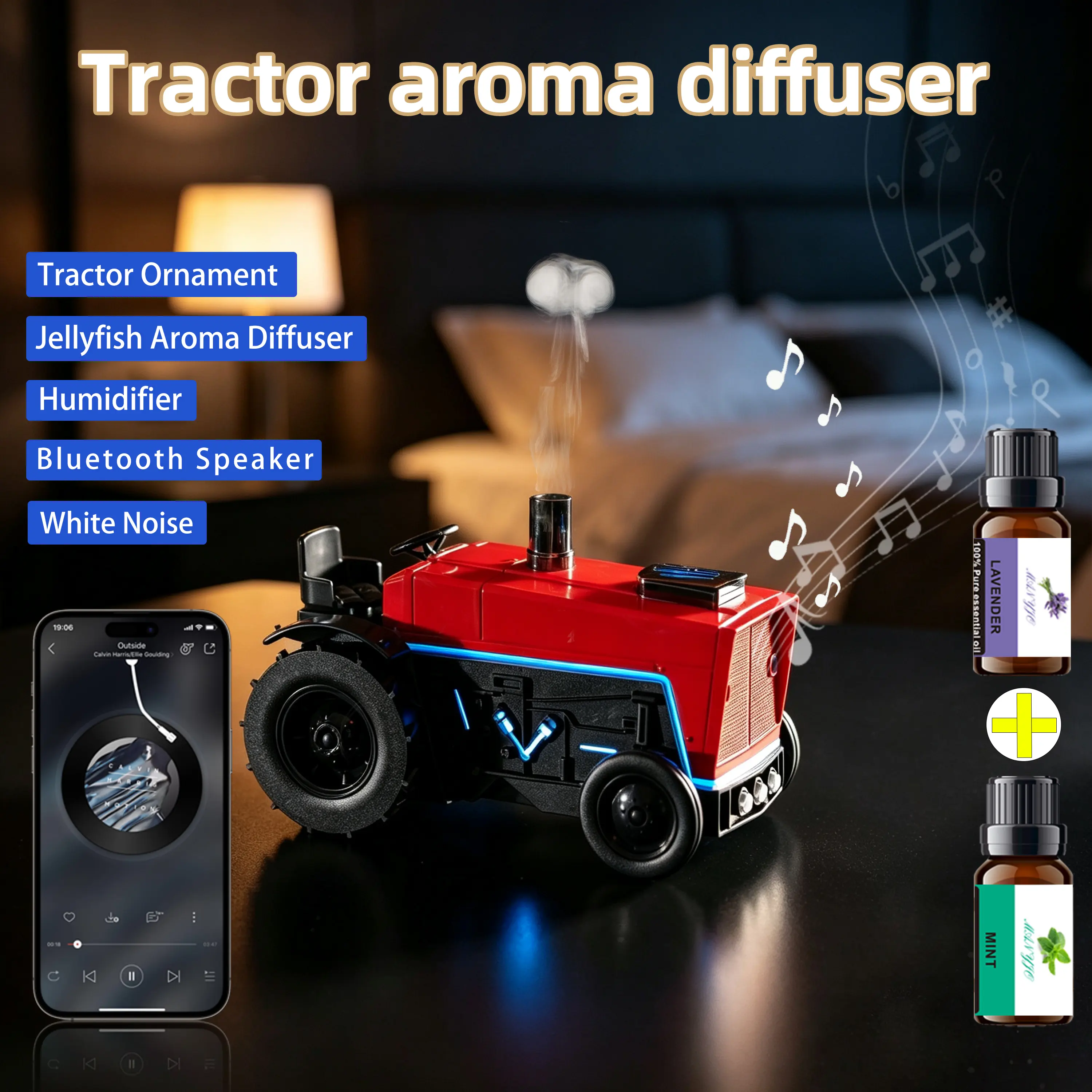 Vintage Tractor Humidifier Diffusers - Cool Mist Desktop Humidifier with Retro Look, Bluetooth White Noise, Timer, Remote, Jellyfish Smoke Ring Mist for 12m² Room, Ideal Birthday Housewarming Gift,back to school,back to school haul
