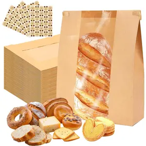 100 Pack Paper Bread Bags with Window and Tin Tie,13.7 x 8.3 x 3.5 In,Sourdough Bread Bags for Homemade Bread,Cookie, Snack,Candy Packaging with  Label Stickers (100)