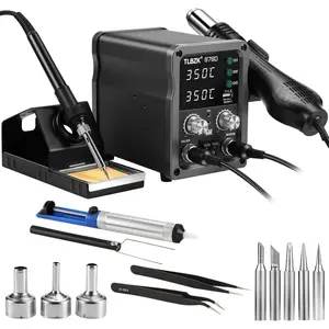 878D 2-in-1 Hot Air Soldering Iron Station Kit for Rework, Desoldering Pump, 5 Soldering Tips, 3 Hot Air Nozzles,Tweezers, IC extractor