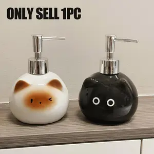 Cute Cat and Cat Ceramic Soap Dispenser 16.23 Ounce, Refillable Pump Bottle for Liquid Soap Shampoo and Kitchen Cleaners, Modern Bathroom Accessory or Kitchen Decor, Home Goods, Restroom