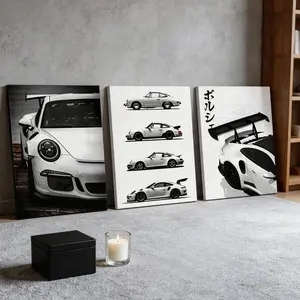 3Pcs/Set, Modern Black and White Car Stretched Canvas Print, Minimalist Artistic JDM/Car Culture Rectangle Wall Art Decoration for Man Cave, Garage & Bedroom, 12X16in Framed Artwork