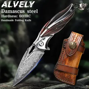 ALVELY Damascus Steel Folding Pocket Knife, Premium Knife for Men and Women. With Leather Sheath, Liner Lock, Maple Handle. EDC Camping Fishing Knife, Outdoor Survival, Gift, Carrying Utility Knife