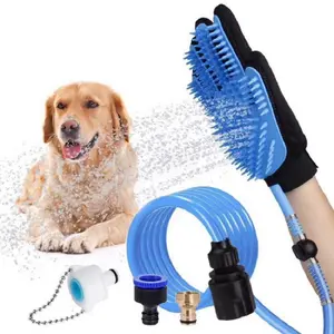 Handheld Pet Shower Head Sprayer for Dogs & Cats with Adjustable Flow & Massage Gloves Blue Silicon ABS Material 98.5 Inch Hose
