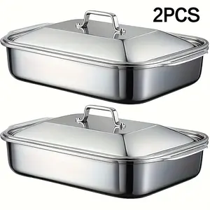 Set of 2 Extra Large Stainless Steel Baking Pans with Lids - Non-Stick, Thick-Bottomed Rectangular Oven Trays for Desserts, Bread, and Seafood - Perfect for Grilling and Buffet Serving | Spacious Design | Non-Stick Surface, Oven Safe Baking Pans