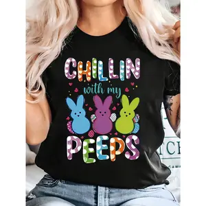 Plus Size, Enjoy the Large Women's T-Shirt with Your Best Friend- Colorful Easter Theme Design, Embellished with Fun and Colorful Letters, Cartoon Rabbits, and Heart Patterns- Joyful Casual Style for Spring Celebrations