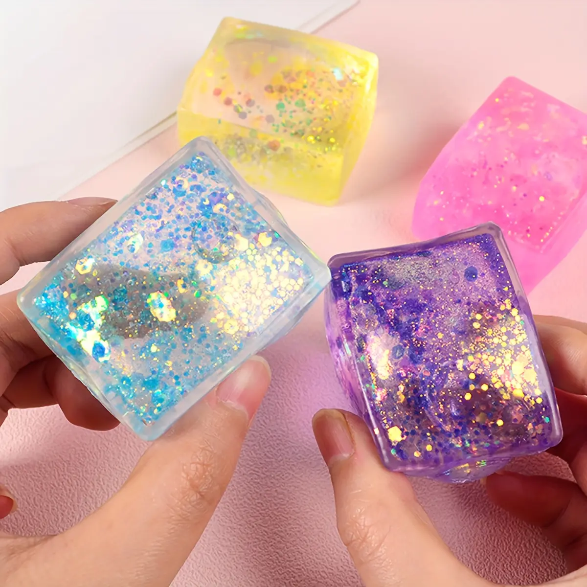 4pcs Transparent Jelly Squishy Ice Cube Toys - Stretchy Colorful Sequins Sensory Fidget Squishies, Squeeze Stress Ball, Oddly Satisfying Anxiety Relief, Carnival Prizes for Kids