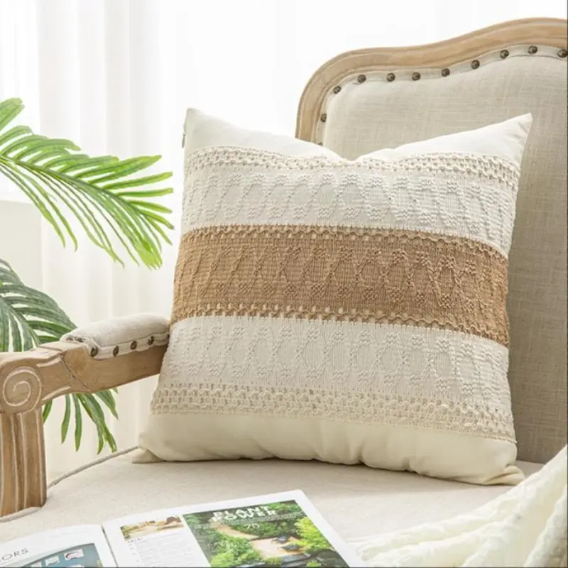 1PCS/2PCS Bohemian Boho Rustic Style Textured Striped Decorative Home Decor Cushion Cover, Coarse Linen Fabric Pillowcase for Living Room & Bedroom Decor, All Season Use(No insertion), Machine Washable