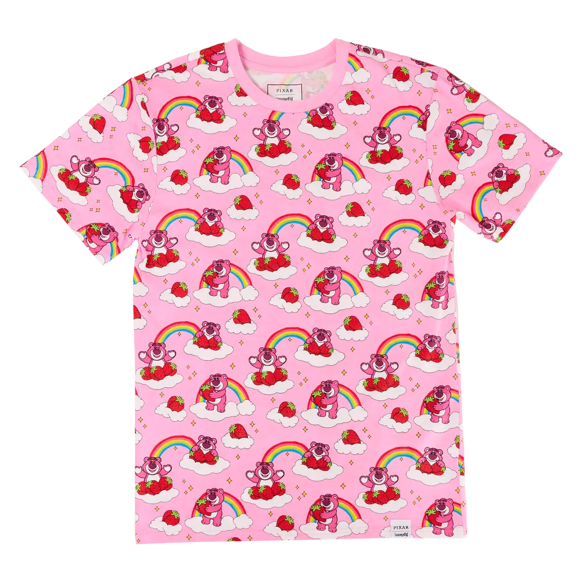 Unisex Toy Story Lotso Graphic Tee - Comfy Shortsleeve Fuzzy Teddy Bear Rainbow All-Over Print in 100% Cotton, Fluffy, Multicolor, Printed, Tshirt, Soft, Colorful Style