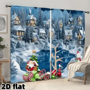 2D Flat 2Pcs Winter Snow Scene Curtains Snowman Pattern Christmas Village Print Semi Sheer Drapes Rod Pocket Design Light Filtering Window Treatment for Living Room Bedroom Kitchen Home Decor Holiday Season Theme Home Decoration Curtain