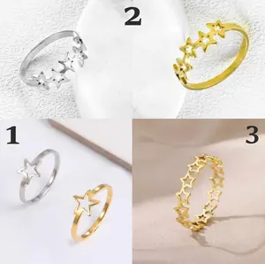 Elegant Stainless Steel Lovers Hollow Star Ring (Silver, Gold) Size 5.75-10.5
