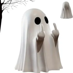 White Resin Ghost Figurine - Unique Middle Finger Design, Foam + Paper Box Packaging, Ideal for Halloween Decor, Desktop Ornament & Humorous Prank Gift (155g, 13×13×7cm Package)