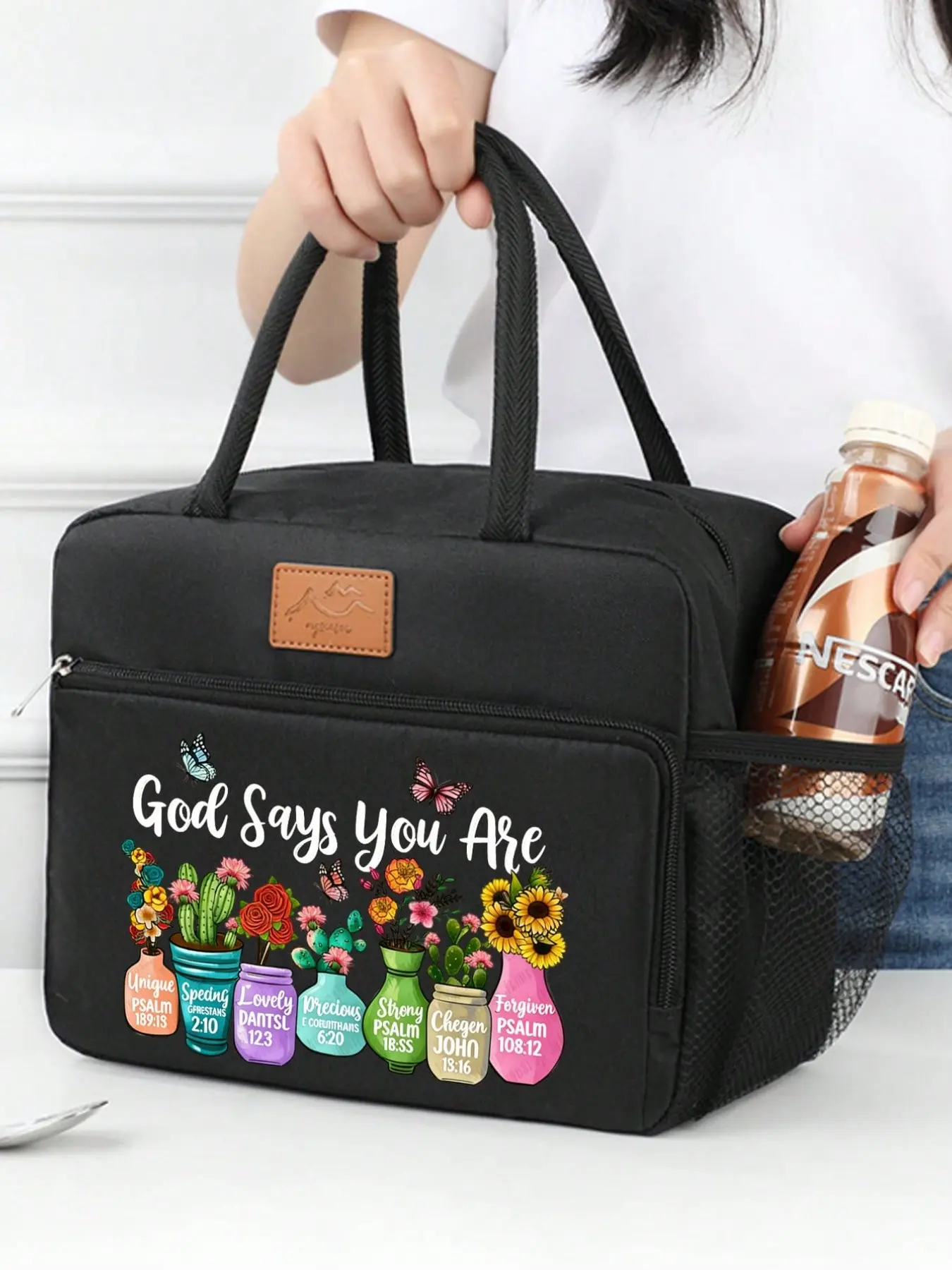 Christian Bible Verse Insulated Durable Lunch Bag Tote Bag with Colorful Succulents, Unisex, Large Capacity, Portable, Office School Travel Picnic Bag Insulated Lunch Bags