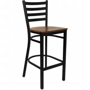 212 MAIN Black Ladder-Back Heavy-Duty Metal Restaurant Bar Stool, Metal Frame, Cherry Wood Seat, Black Vinyl Upholstery, Foam Padded Seat, Plastic Floor Glides, 2 Curved Support Bars, Two Curved Support Bars