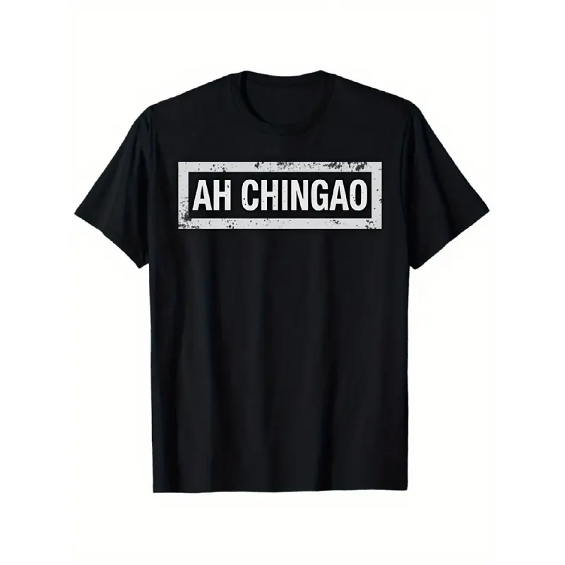 Men's Black AH CHINGAO Spanish Slogan Graphic Tee - Distressed White Lettering Print, Soft Crew Neck Shortsleeve Casual Fashion Menswear Top, Gift for Dad (Regular Fit) Crewneck Tshirt