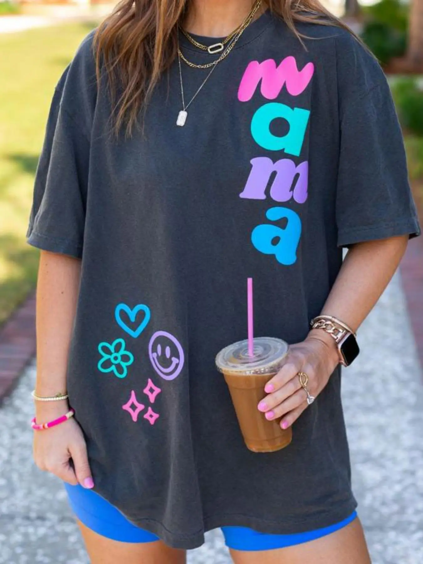 Women's 'mama' Letter Print Round Neck T-Shirt Fabric, Casual Baggy Loose-Fitting Top for Daily Vacations, Spring Summer Fashion Wear, Tee, Piece