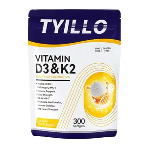 TYILLO Coconut Oil Vitamin D3 & K2 Complex Soft Capsules 300 Count for Heart Health Immune Support Bone Joint Health Calcium Absorption and Blood Circulation