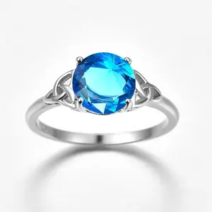 925 Sterling Silver Round Aquamarine Blue Solitaire Celtic Ring